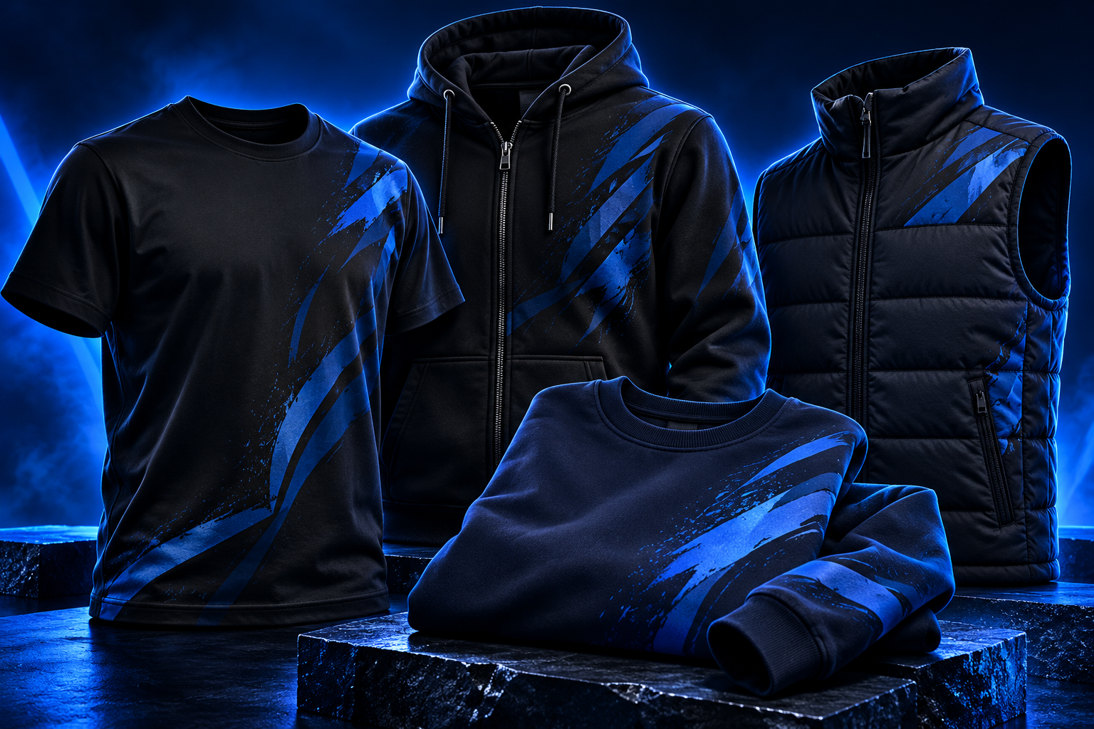 T-shirt, sweat à capuche et veste noirs sur fond bleu électrique